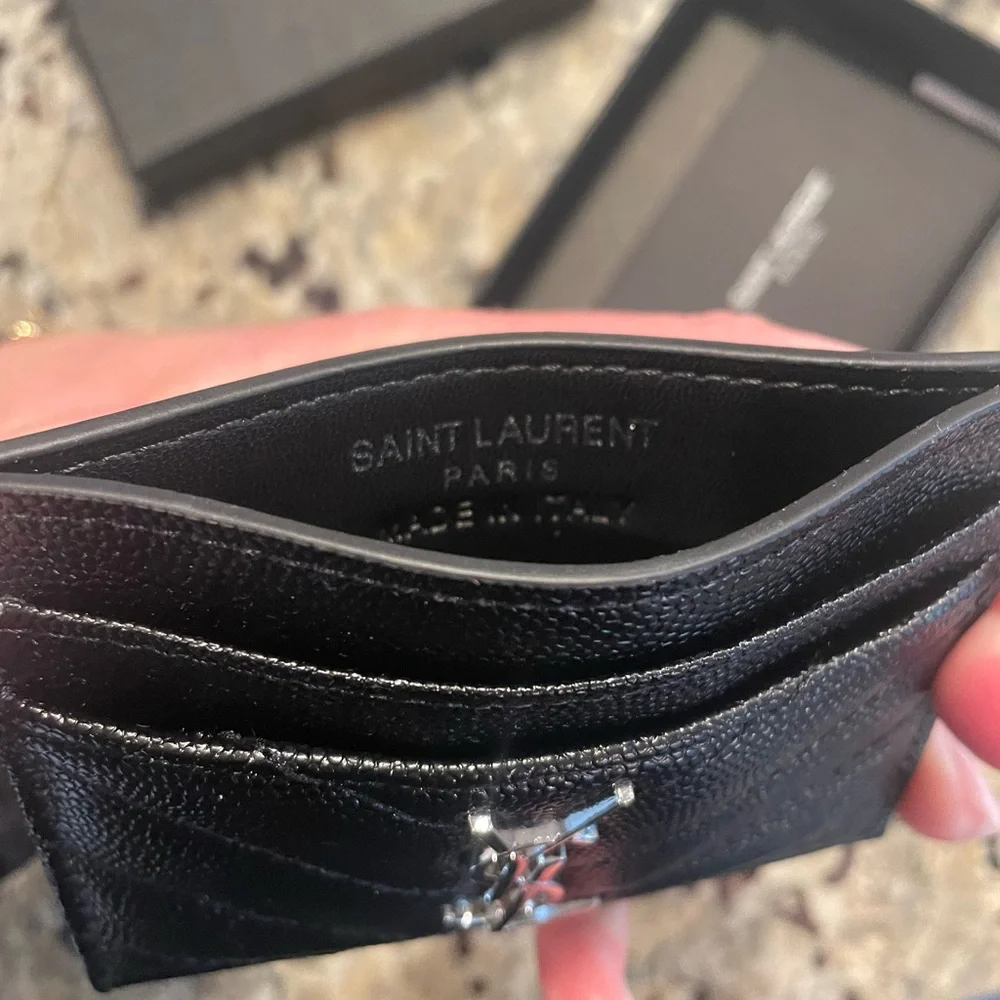 Saint Laurent Black Quilted Chevron Leather Card Case with Silver YSL Logo - Picture 4 of 6